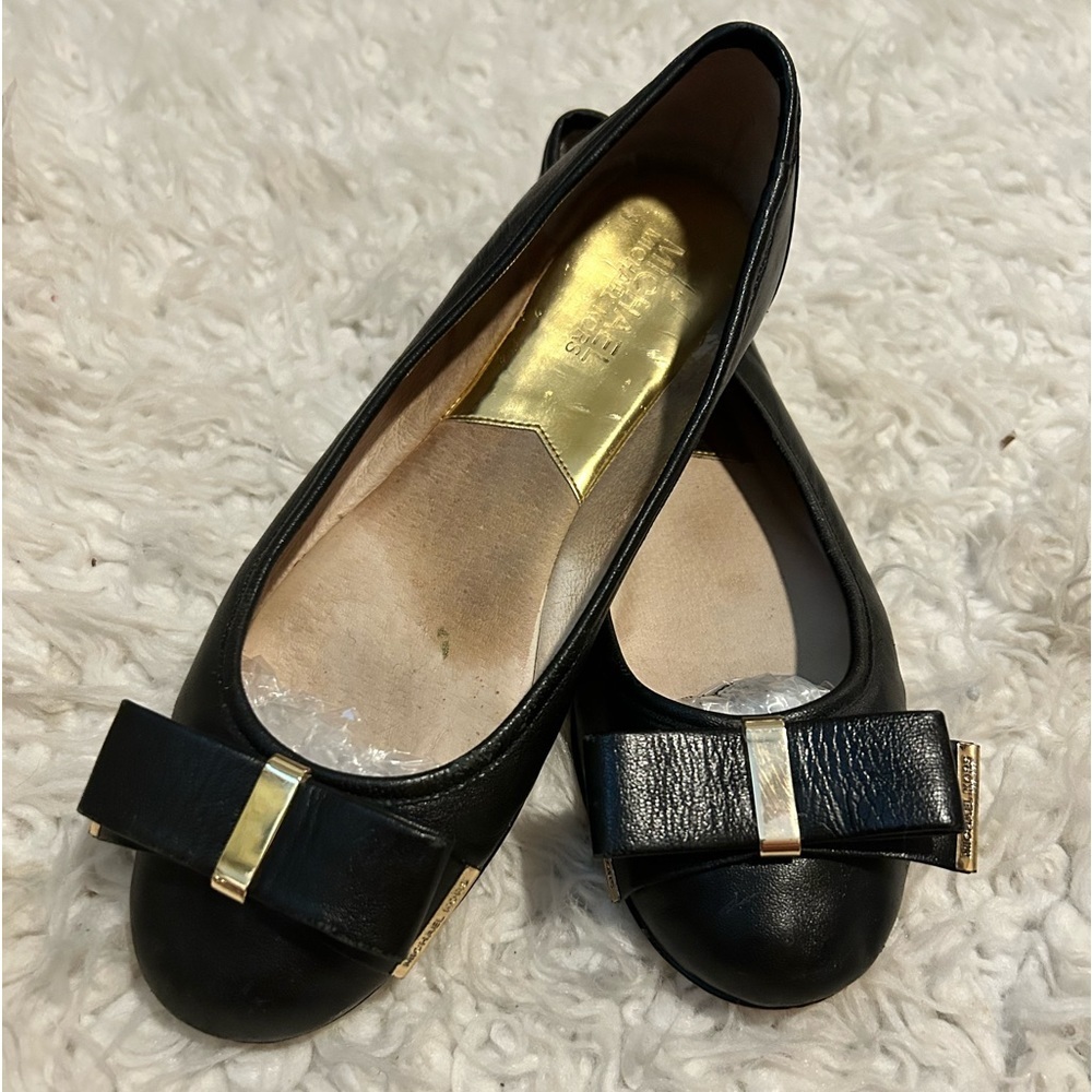 50%offw❤️ Michael Kors Kiera Black Leather Bow Flat ballet shoe flaw 👠S6